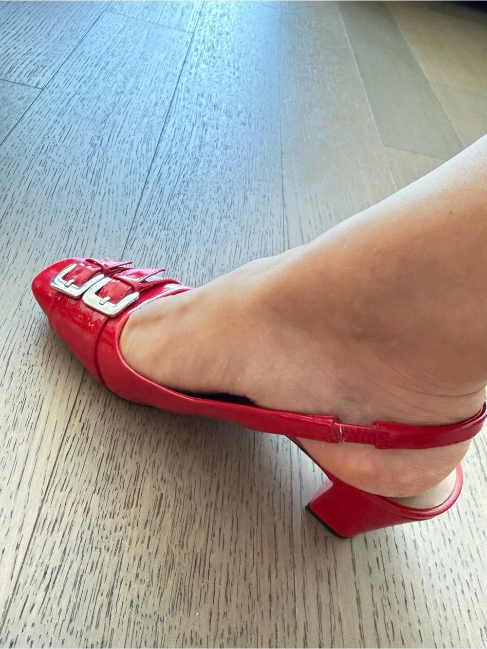 Zara Red Patent Slingback Heels with Double Buckles